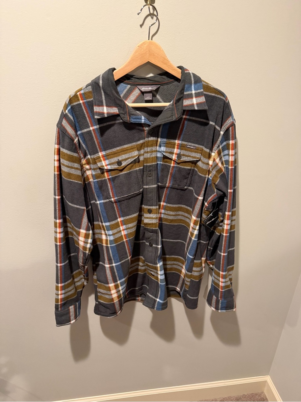 Eddie Bauer Chutes Microfleece Shirt Jacket Large Gray Plaid NWT